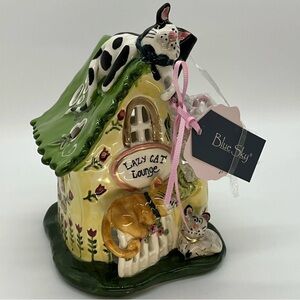 Blue Sky Clayworks “Lazy Cat Lounge” Tea Light Candle House 7.5” NWT